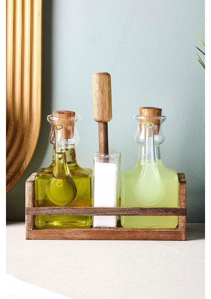 Romey 4'lü Borosilikat Cam Akasya Standlı Yağdanlık Tuzluk Biberlik Seti modelleri