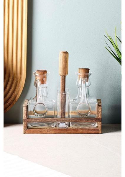 Romey 4'lü Borosilikat Cam Akasya Standlı Yağdanlık Tuzluk Biberlik Seti fırsatları