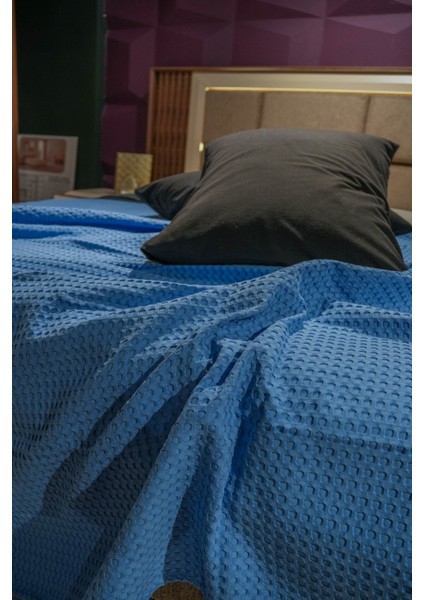 Premium %100 Pamuk Çift Kişilik Yazlık Pike, Yatak Örtüsü,terletmez Kumaş(Mavi Renk) (240X200CM)