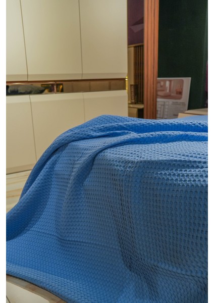 Premium %100 Pamuk Çift Kişilik Yazlık Pike, Yatak Örtüsü,terletmez Kumaş(Mavi Renk) (240X200CM)