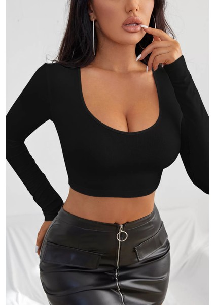 Kadın Siyah Uzun Kol Crop Top Bluz Kare Yaka modelleri