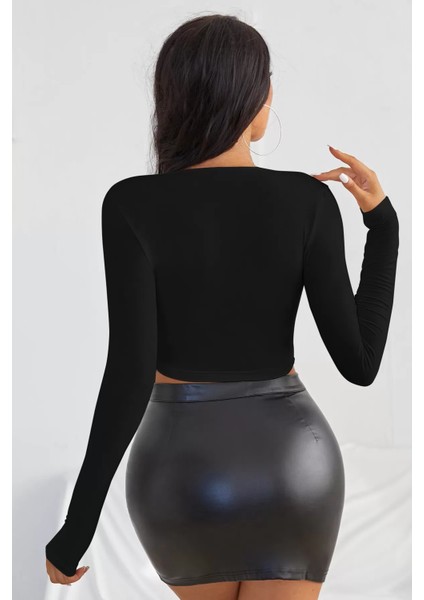 Kadın Siyah Uzun Kol Crop Top Bluz Kare Yaka fırsatları