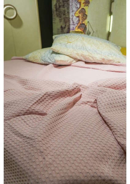 Premium %100 Pamuk Çift Kişilik Yazlık Pike, Yatak Örtüsü,terletmez Kumaş(Pudra Renk) (240X200CM)