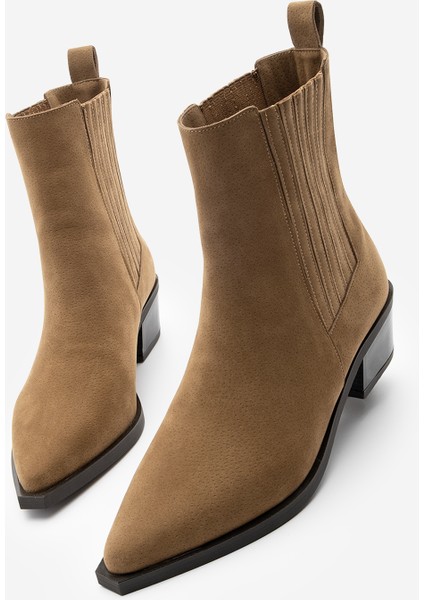 Kadın Sivri Burun Kalın Topuklu Chelsea Çift Lastikli Western Bot Losya Taba Süet