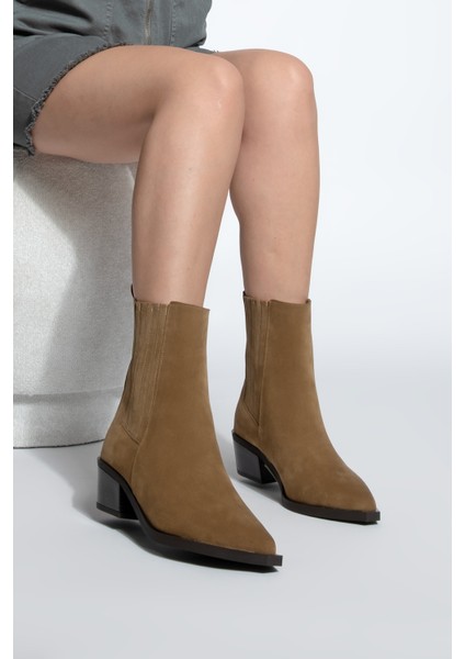 Kadın Sivri Burun Kalın Topuklu Chelsea Çift Lastikli Western Bot Losya Taba Süet fiyatları