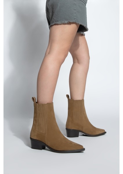 Kadın Sivri Burun Kalın Topuklu Chelsea Çift Lastikli Western Bot Losya Taba Süet fırsatları
