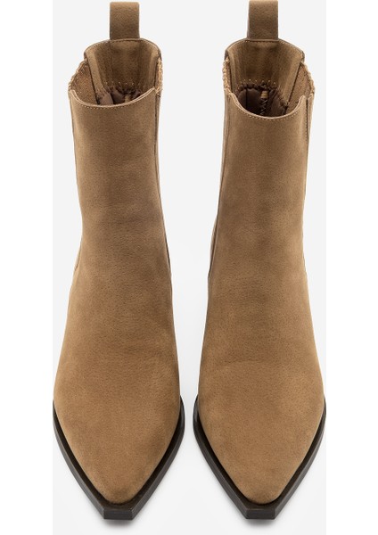 Kadın Sivri Burun Kalın Topuklu Chelsea Çift Lastikli Western Bot Losya Taba Süet