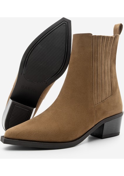 Kadın Sivri Burun Kalın Topuklu Chelsea Çift Lastikli Western Bot Losya Taba Süet
