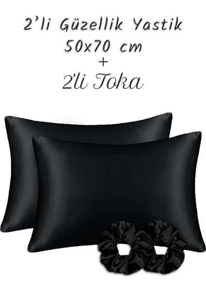 İpek Saten Yastık Kılıfı 2 Adet 50x70cm 2 Adet Saten Tokalı Siyah