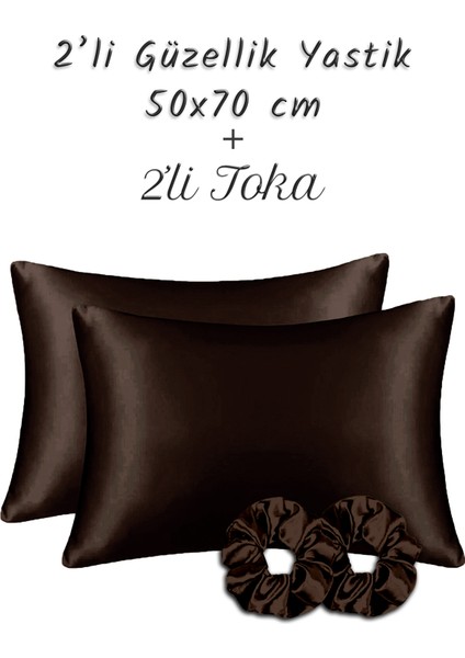 İpek Saten Yastık Kılıfı 2 Adet 50x70cm 2 Adet Saten Tokalı Kahverengi
