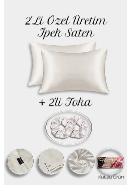 İpek Saten Yastık Kılıfı 2 Adet 50x70cm 2 Adet Saten Tokalı Krem