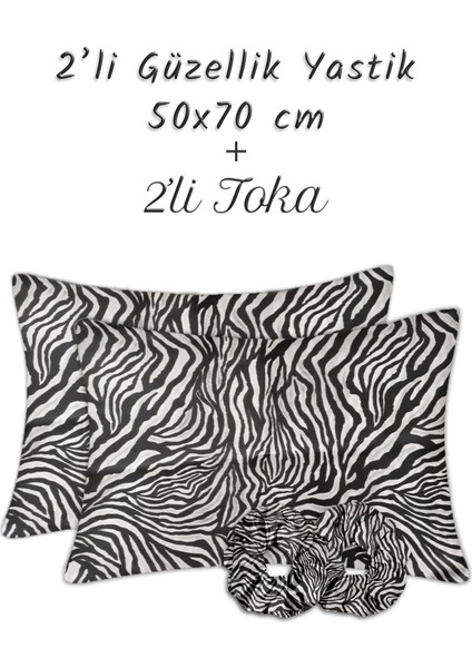 İpek Saten Yastık Kılıfı 2 Adet 50x70cm 2 Adet Saten Tokalı Zebra