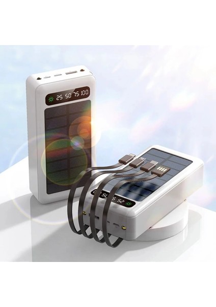 Solar 30.000 Mah Güneş Enerjili LED Işıklı Powerbank Şarj Aleti 2x USB Çıkışlı Çoklu Kablolu