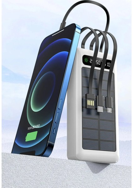 Solar 30.000 Mah Güneş Enerjili LED Işıklı Powerbank Şarj Aleti 2x USB Çıkışlı Çoklu Kablolu fiyatları