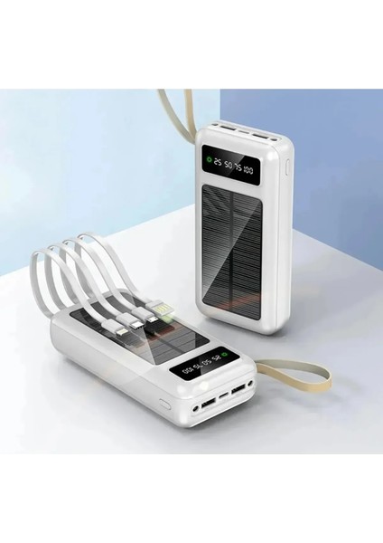 Solar 30.000 Mah Güneş Enerjili LED Işıklı Powerbank Şarj Aleti 2x USB Çıkışlı Çoklu Kablolu modelleri