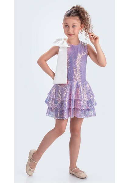 Yaka Fiyonk Işıltılı Pul Payet Kumaş Kız Çocuk Abiye Elbise M00702