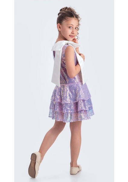 Yaka Fiyonk Işıltılı Pul Payet Kumaş Kız Çocuk Abiye Elbise M00702 fiyatları