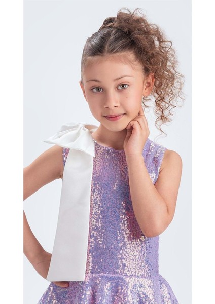 Yaka Fiyonk Işıltılı Pul Payet Kumaş Kız Çocuk Abiye Elbise M00702 modelleri