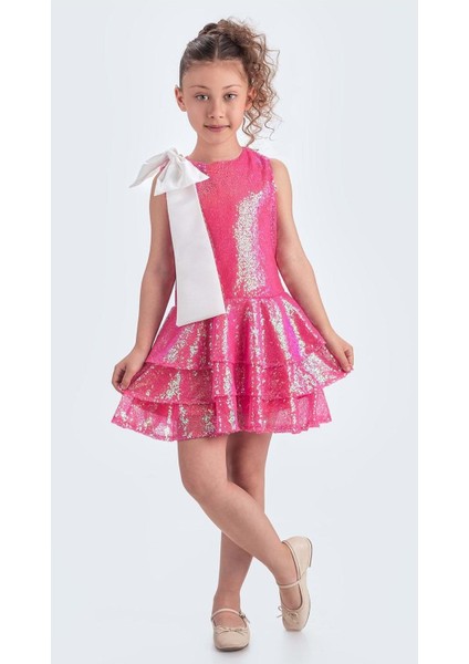 Yaka Fiyonk Işıltılı Pul Payet Kumaş Kız Çocuk Abiye Elbise M00702