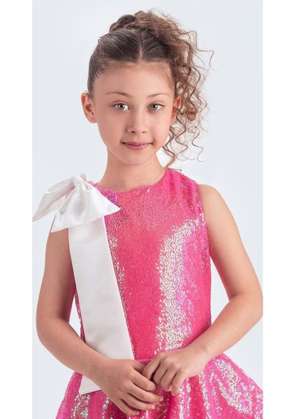 Yaka Fiyonk Işıltılı Pul Payet Kumaş Kız Çocuk Abiye Elbise M00702 modelleri