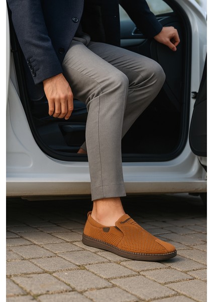 GR0368 Hakiki Nubuk Deri Hafif Poli Taban Dikişli Aksesuarlı Delikli Günlük Espadril Tarz Erkek Ayakkabı