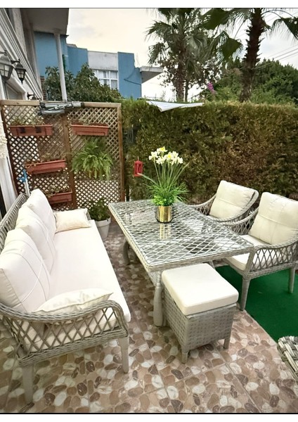 Kaş 3+1+1+Masa Rattan Bahçe Balkon Mobilyası,Krem Kumaş modelleri