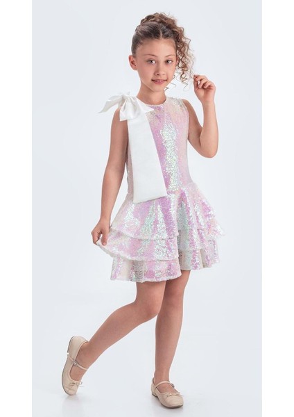 Yaka Fiyonk Işıltılı Pul Payet Kumaş Kız Çocuk Abiye Elbise M00702