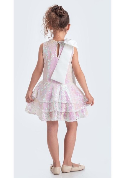 Yaka Fiyonk Işıltılı Pul Payet Kumaş Kız Çocuk Abiye Elbise M00702 fiyatları