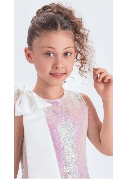 Yaka Fiyonk Işıltılı Pul Payet Kumaş Kız Çocuk Abiye Elbise M00702 modelleri