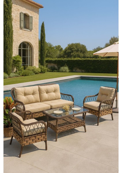 Kahverengi Wintech Rattan Tasarımlı Cappuccino Minderli Bahçe Oturma Grubu 4’lü | Temperli Cam Sehpa | Suya ve Güneşe Dayanıklı fiyatları