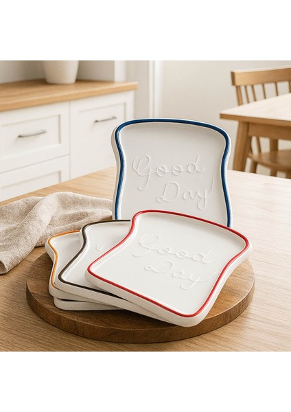 4 Adet Orta Boy Tost ve Kahvaltı Sunum Tabağı Siyah Detaylı HMY-6411