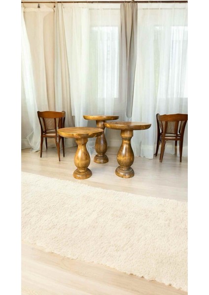 Ahşap Mantar Sehpa Seti 3’lü – Tütün Renk Dekoratif Fiskos Zigon Sehpa