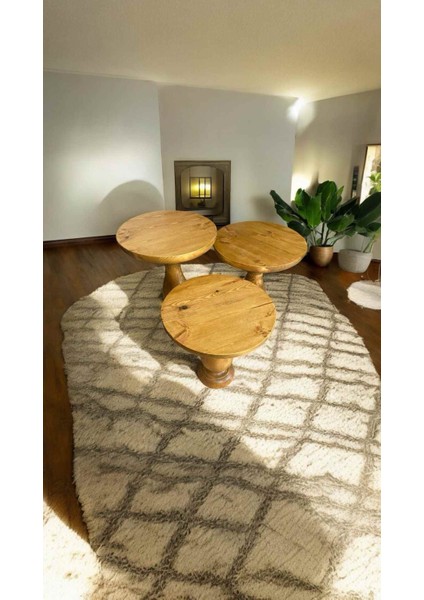 Ahşap Mantar Sehpa Seti 3’lü – Tütün Renk Dekoratif Fiskos Zigon Sehpa modelleri