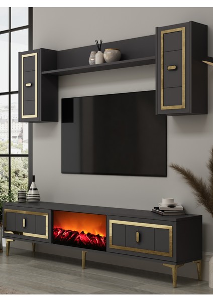 Oriondd Şömineli (A) Tv Ünitesi Takımı Antrasit-Altın fiyatları