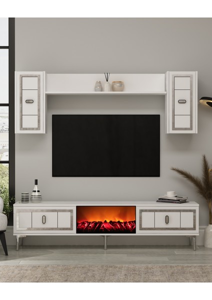 Oriondd Şömineli (A) Tv Ünitesi Takımı Beyaz-Gümüş