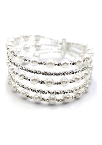 Beş Sıra Incili Su Yolu Bileklik - Gümüş