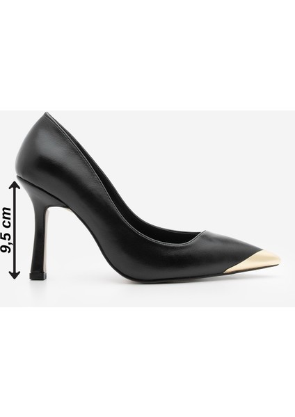 Kadın Stiletto Sivri Burun Altın Detaylı Topuklu Ayakkabı Ginez Siyah