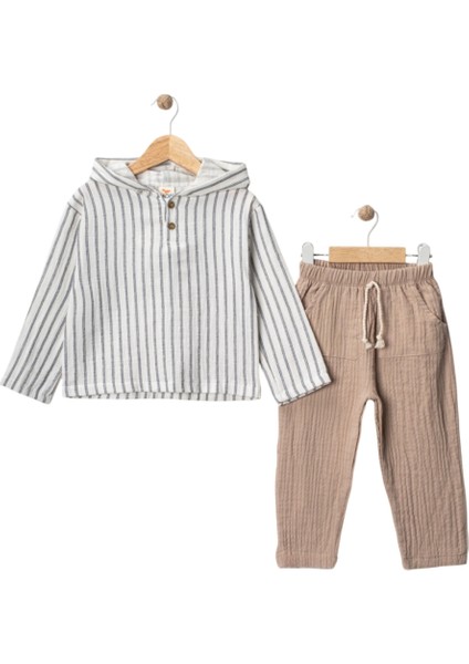 Müslin Kapşonlu Düğmeli Erkek Bebek Takım
