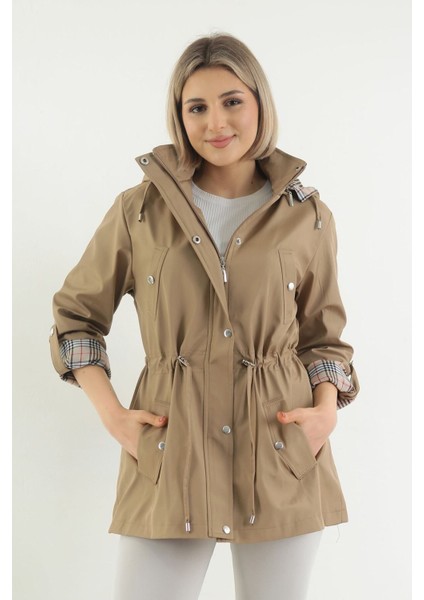 Kadın Suya Dayanıklı Trençkot Kapüşonlu Ekoseli Vizon Trençkot Bonded Kumaş Trençkot
