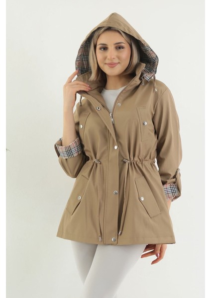 Kadın Suya Dayanıklı Trençkot Kapüşonlu Ekoseli Vizon Trençkot Bonded Kumaş Trençkot fiyatları