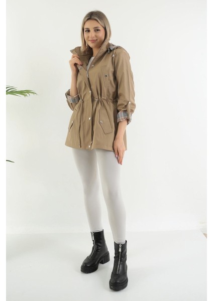 Kadın Suya Dayanıklı Trençkot Kapüşonlu Ekoseli Vizon Trençkot Bonded Kumaş Trençkot modelleri