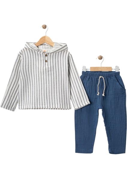 Müslin Kapşonlu Düğmeli Erkek Bebek Takım