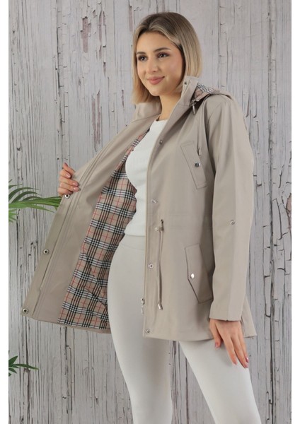 Kadın Suya Dayanıklı Trençkot Kapüşonlu Ekoseli Vizon Trençkot Bonded Kumaş Trençkot