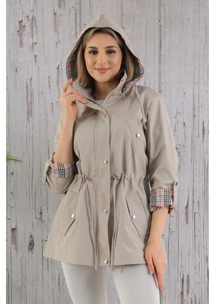 Kadın Suya Dayanıklı Trençkot Kapüşonlu Ekoseli Vizon Trençkot Bonded Kumaş Trençkot modelleri