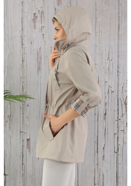 Kadın Suya Dayanıklı Trençkot Kapüşonlu Ekoseli Vizon Trençkot Bonded Kumaş Trençkot fırsatları