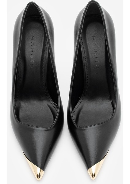 Kadın Stiletto Sivri Burun Altın Detaylı Topuklu Ayakkabı Ginez Siyah