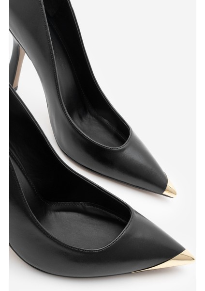 Kadın Stiletto Sivri Burun Altın Detaylı Topuklu Ayakkabı Ginez Siyah