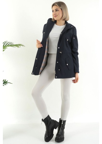 Kadın Suya Dayanıklı Trençkot Kapüşonlu Ekoseli Vizon Trençkot Bonded Kumaş Trençkot