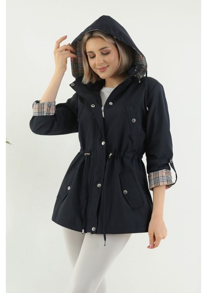 Kadın Suya Dayanıklı Trençkot Kapüşonlu Ekoseli Vizon Trençkot Bonded Kumaş Trençkot modelleri