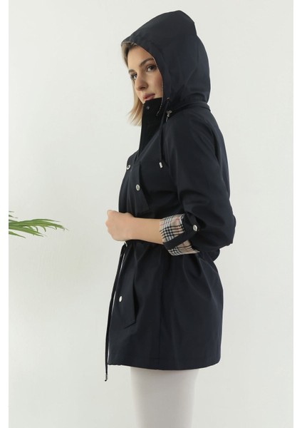 Kadın Suya Dayanıklı Trençkot Kapüşonlu Ekoseli Vizon Trençkot Bonded Kumaş Trençkot fırsatları